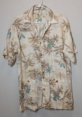 Vtg  m.e sport mens large Hawaiian shirt alligator tan cream shortsleeve button